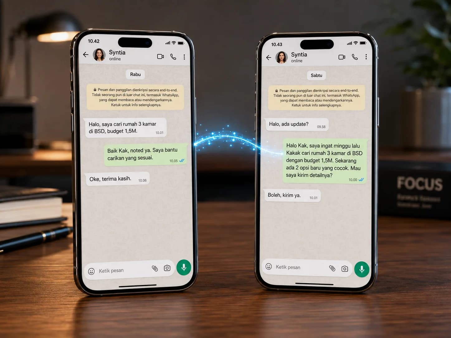 Dua phone di walnut desk: chat Rabu vs Sabtu