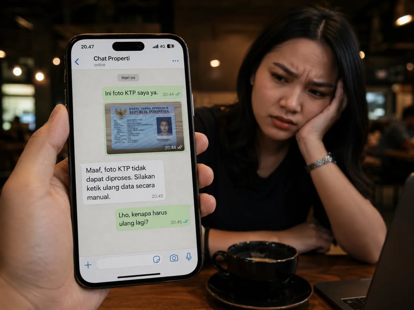 Hand hold phone tampilkan bot menolak foto minta ketik ulang